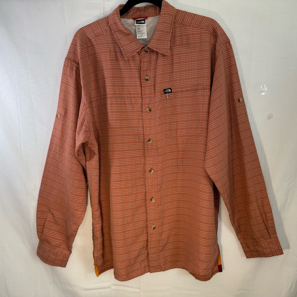 The‎ North Face Orange Checkered Shirt Men’s Size L Hiking Fishing Adventure